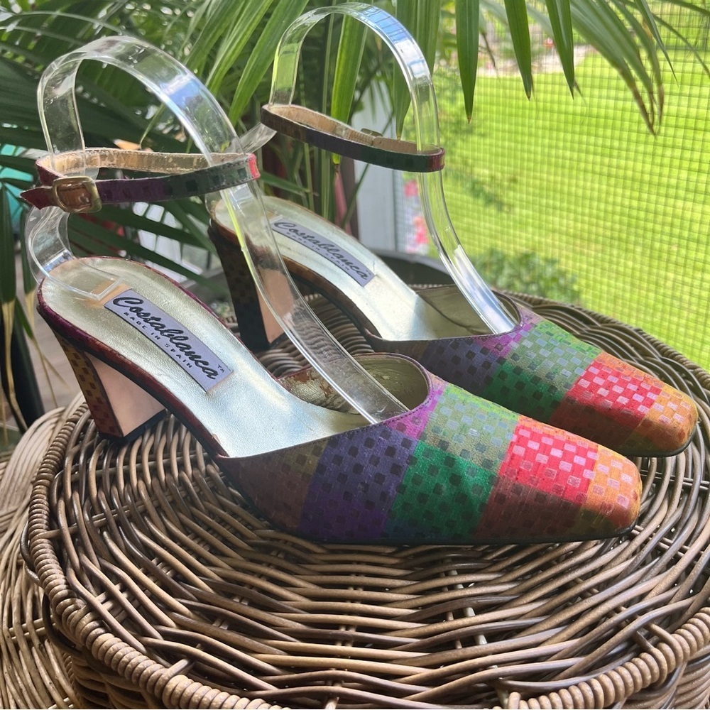 Costa Blanca Multicolor Purple Checkered Rectangular Heel Shoes Women Size 10